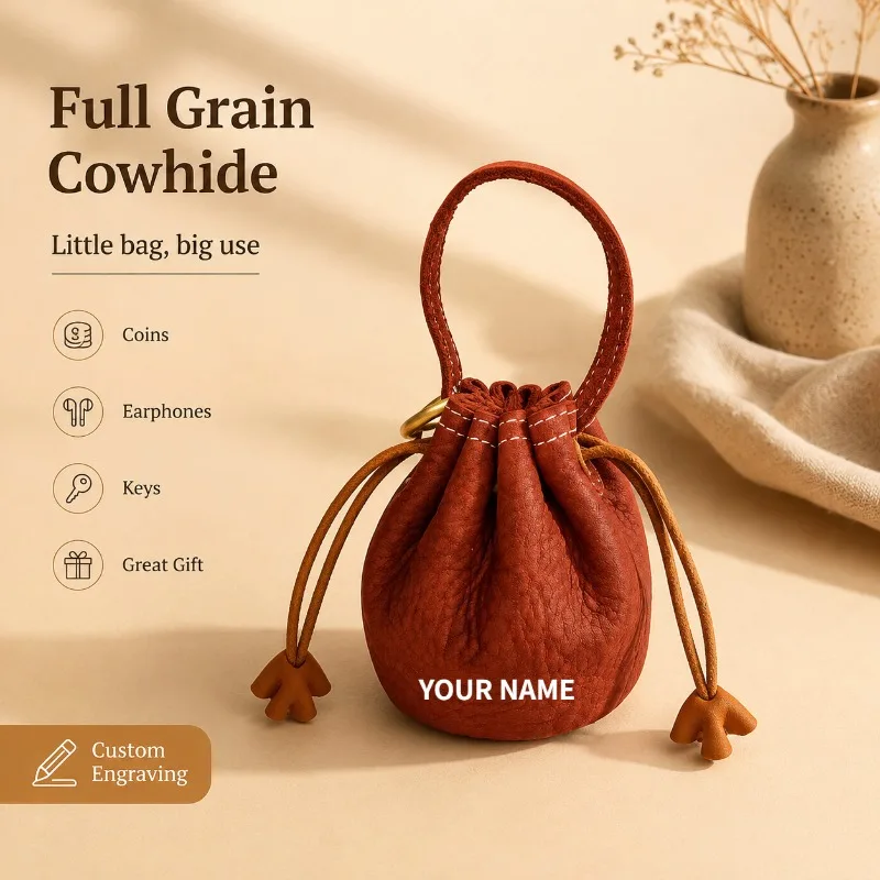 Full Grain Leather Coin Purse Drawstring Pouch Mini Wallet Earphone Jewelry Organizer Small Storage Bag Custom Engraved Gift