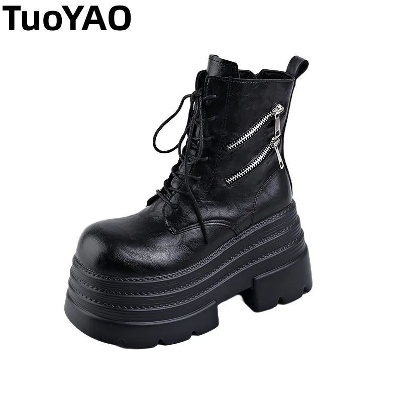 

Women Boots New Winter Motorcycle Boots 10CM Wedge Heels High Platform Leather Chunky Shoes Woman Autumn Thick Sole Punk Boots