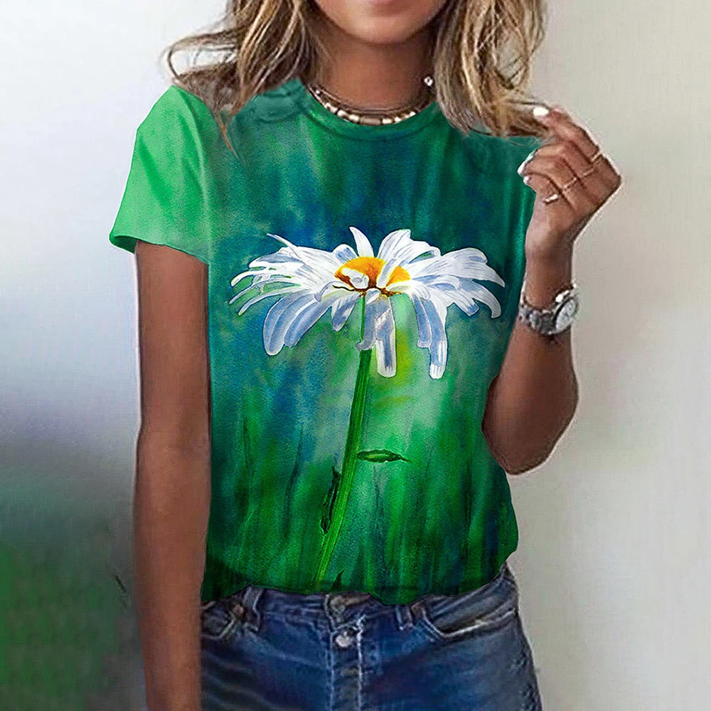 2023 Camisetas das mulheres Moda Tema Floral T Shirt Plantas Floral Tees Verão Manga Curta Top Básico Oversized Roupas Femininas