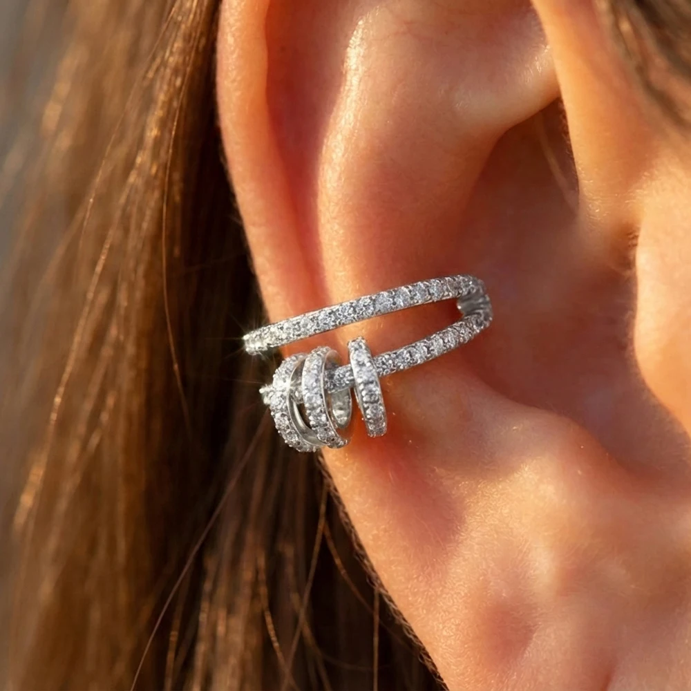 Shining Cubic Zirconia Double Layer Cartilage Clip Earrings Stainless Steel Geometric No Piercing Ear Cuff Anti Allergic Jewelry