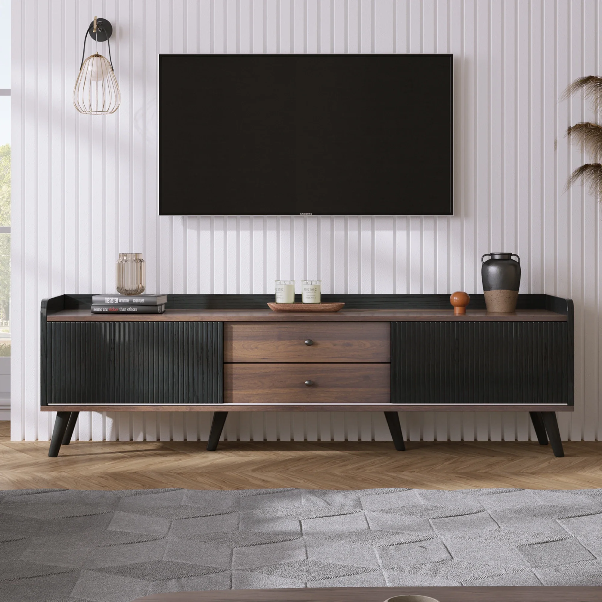 VSOGA TV Cabinet With Two Drawers, Low Board For TV, Low Board With Two Sliding Doors. White And Black. H58/L160/D40 Cm.