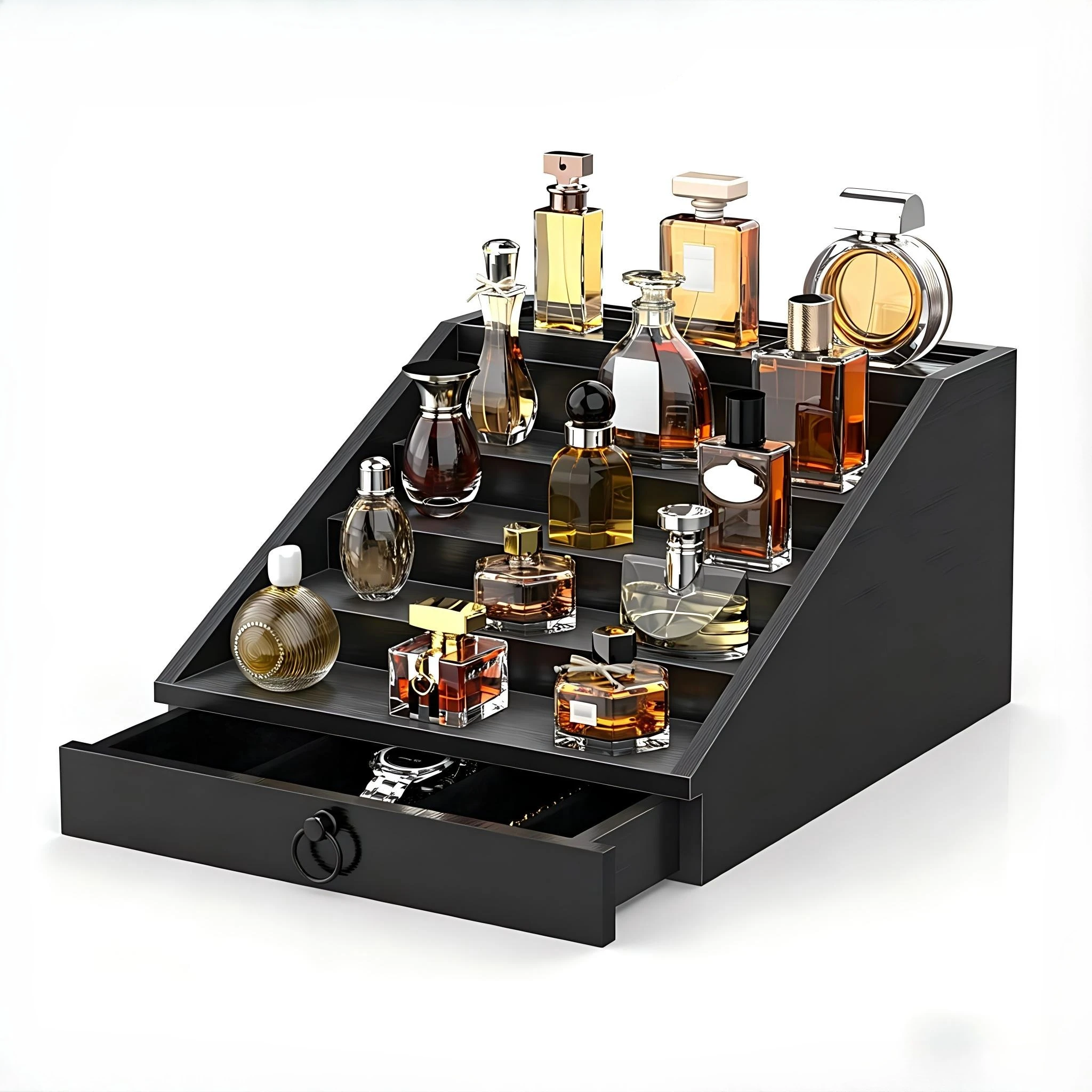 Men'S Grooming Gift Box - 4段式の黒い木製香水収納トレー。ベルベットの隠し引き出し付きで、大容量。多層構造で、コロンを飾るのに最適。卓上収納ラックとして、寝室のドレッサーに置くのに適した収納ボックス。化粧品を収納できる、省スペースな男性向けのギフト。