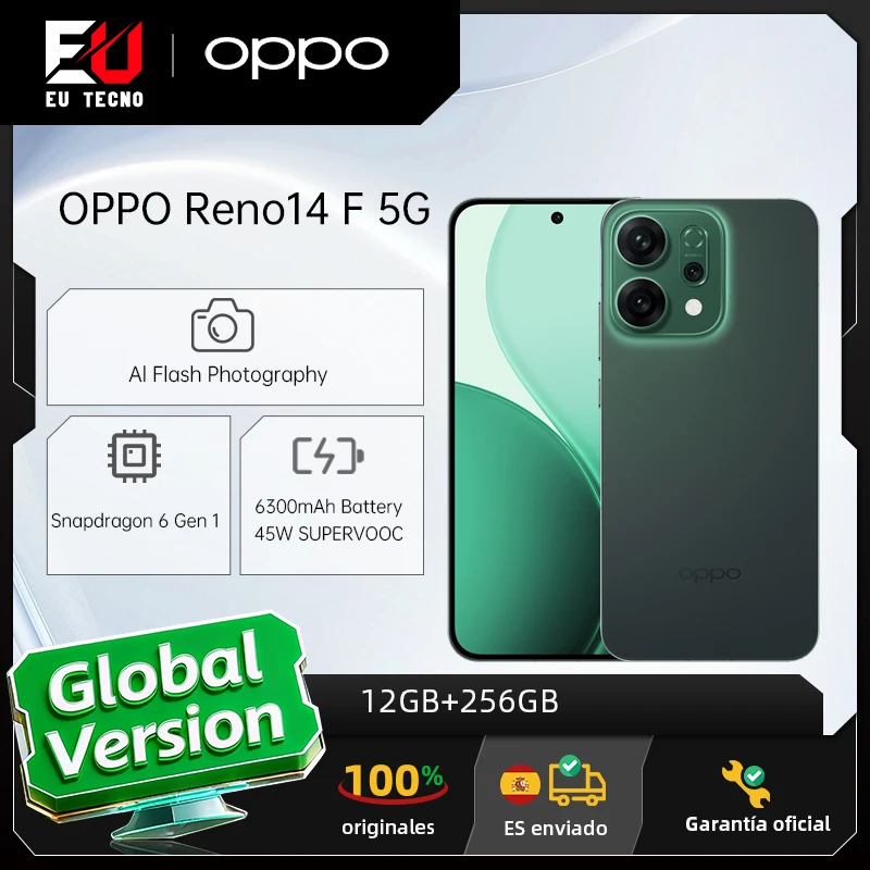 Version européenne du smartphone OPPO Reno14 F 5G, écran 6,57 pouces, Snapdragon 6 Gen 1, batterie 6000 mAh, appareil photo 50 Mpx, eSIM, NFC, GLONASS
