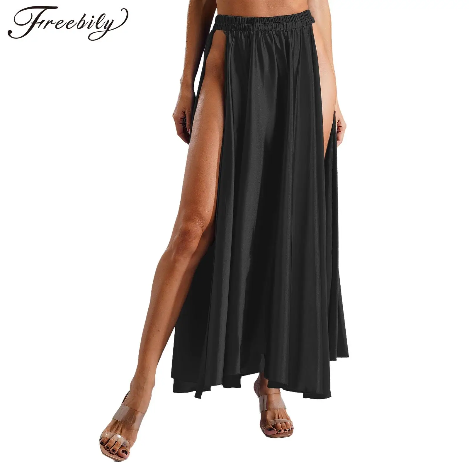 Women Modern Lyrical Dance Skirt Side Slit Solid Satin Swing Maxi Skirts for Spanish Paso Doble Bomba Flamenco Ballroom Dancing