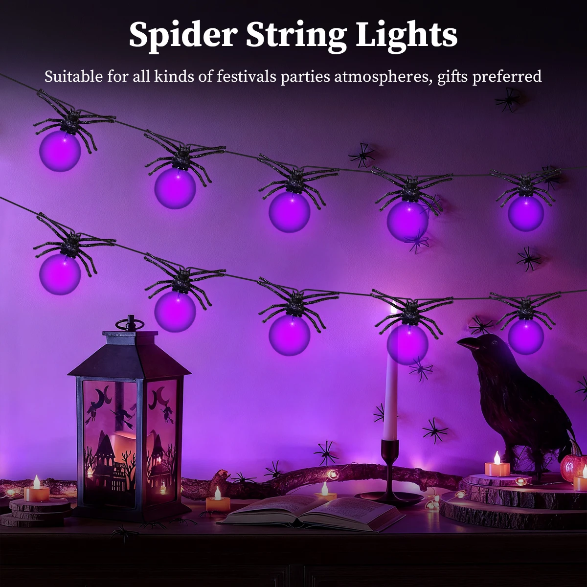 15 LEDS Purple Spider Halloween String Lights, Waterproof Battery Powered Lamp with Timer for Party Indoor Outdoor Decorations