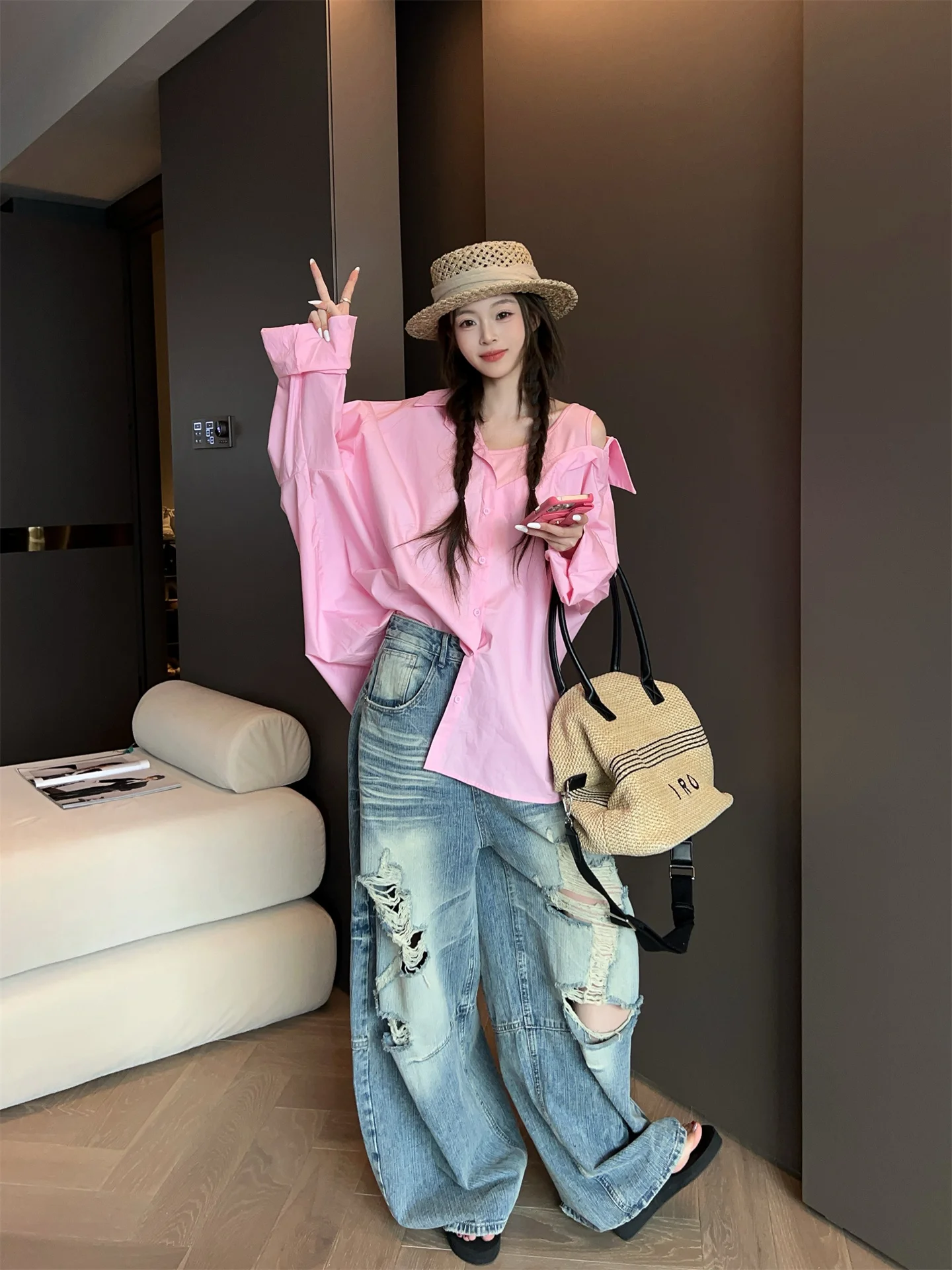 

Женская свободная повседневная блузка MRS AO с открытыми плечами, весна 2026, новая модель, дышащая, с длинным рукавом и воротником