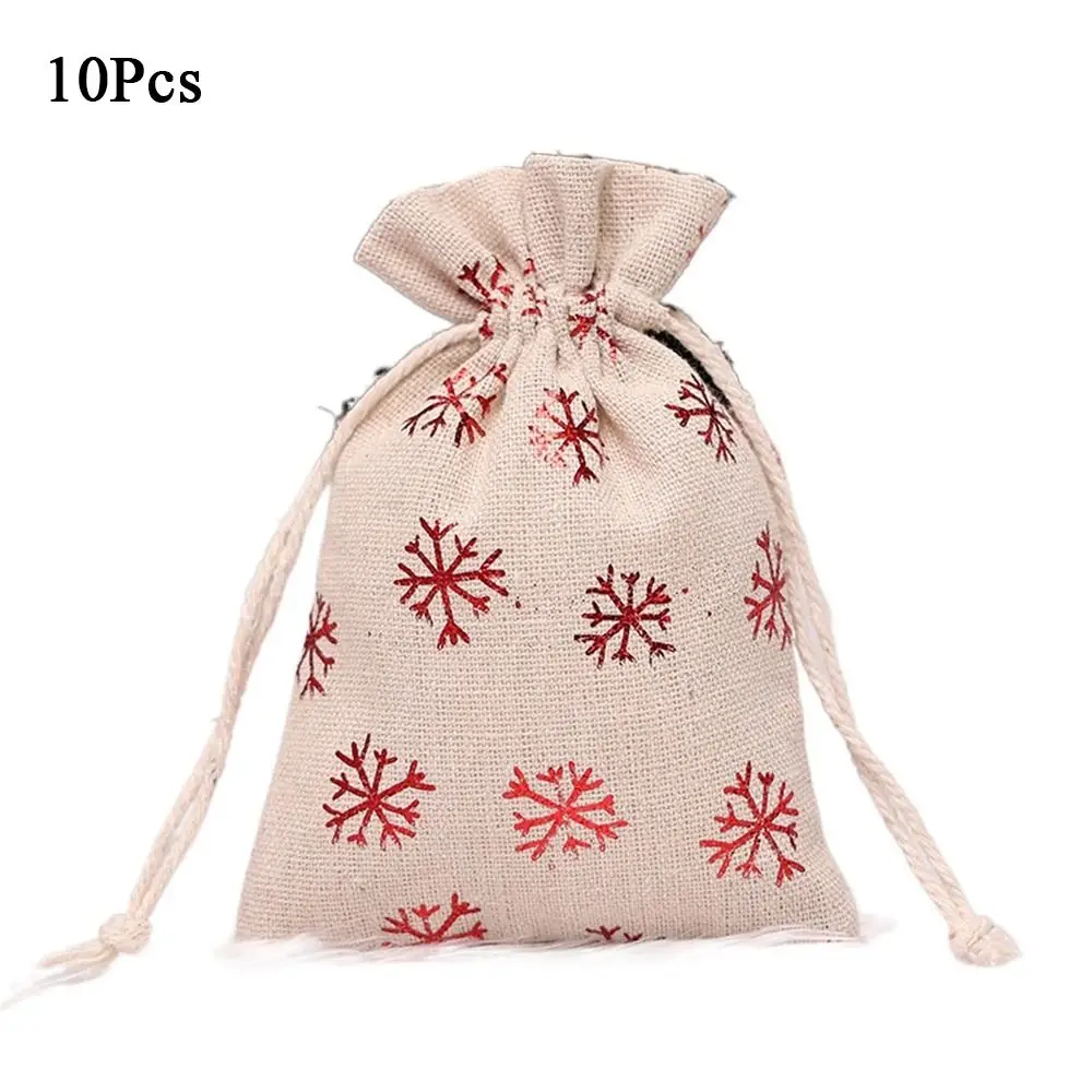 

10Pcs Linen Christmas Candy Cotton Bag Hot Gold Snowflake Christmas Bronzing Gift Bag Drawstring Santa Claus Christmas Gift Bag