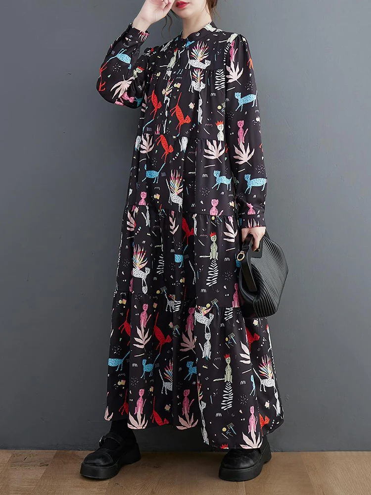 Long Sleeve Vintage Print Dresses For Women Loose Casual Shirt Long Dress Vestidos Fashion Elegant Clothing Spring Autumn 2025