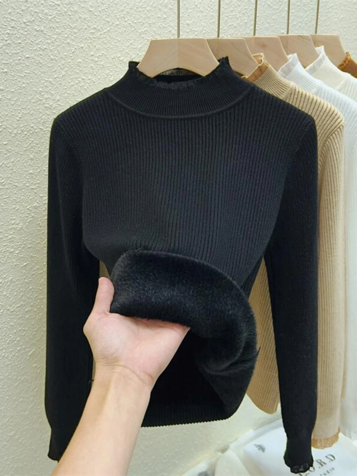 

Thiened Inteated Fce Women's Knitted Sweater Stand Collar Lace Wood ain Autumn Winter Court Sle Inner Wear Fl...