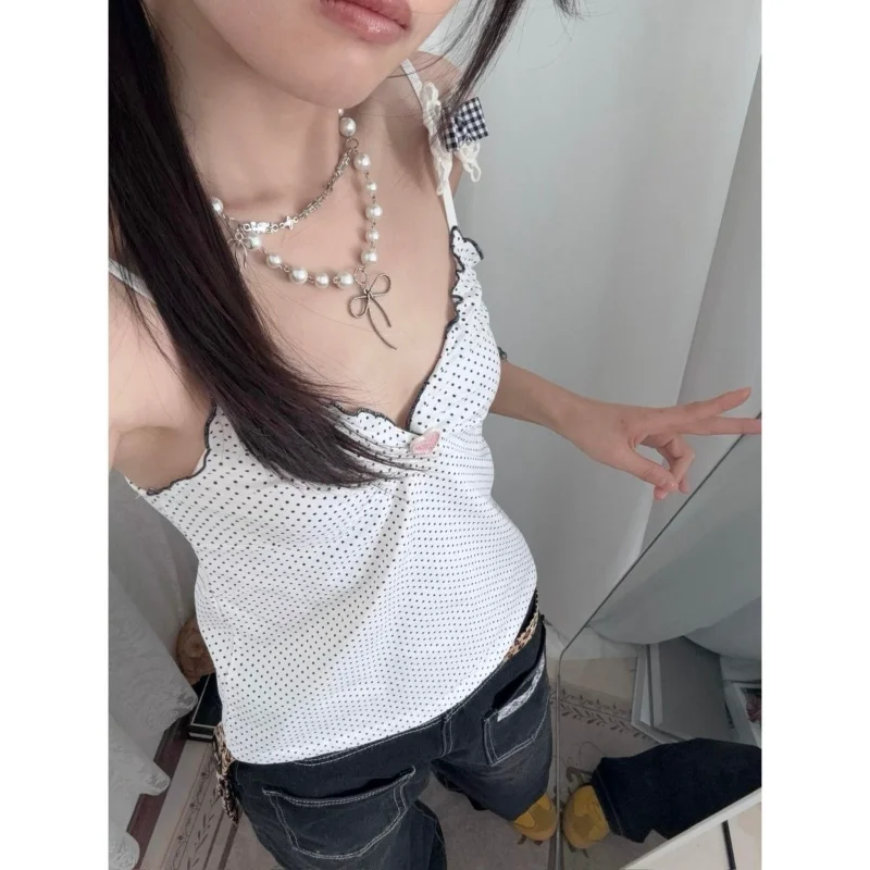 

Kimotimo Vintage Bow Polka Dot Camisole Vest Women New Summer Sexy V Neck Slim Fit Crop Top Sweet Sleeveless Y2k Aesthetic Tanks