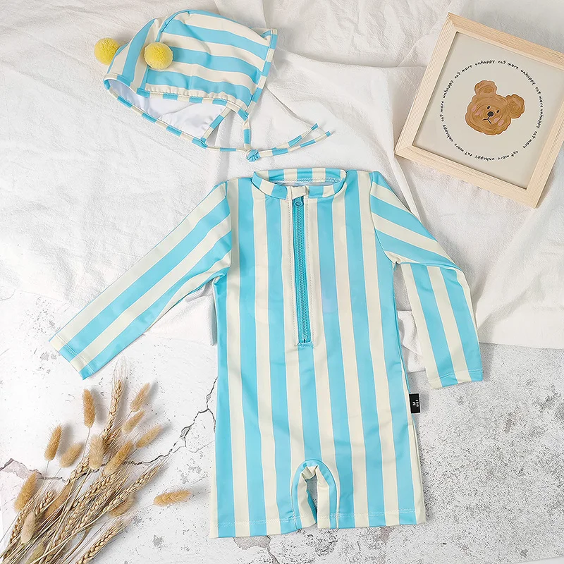 Summer Striped One Piece Long Sleeve Girls Boys Swimwear With Cap