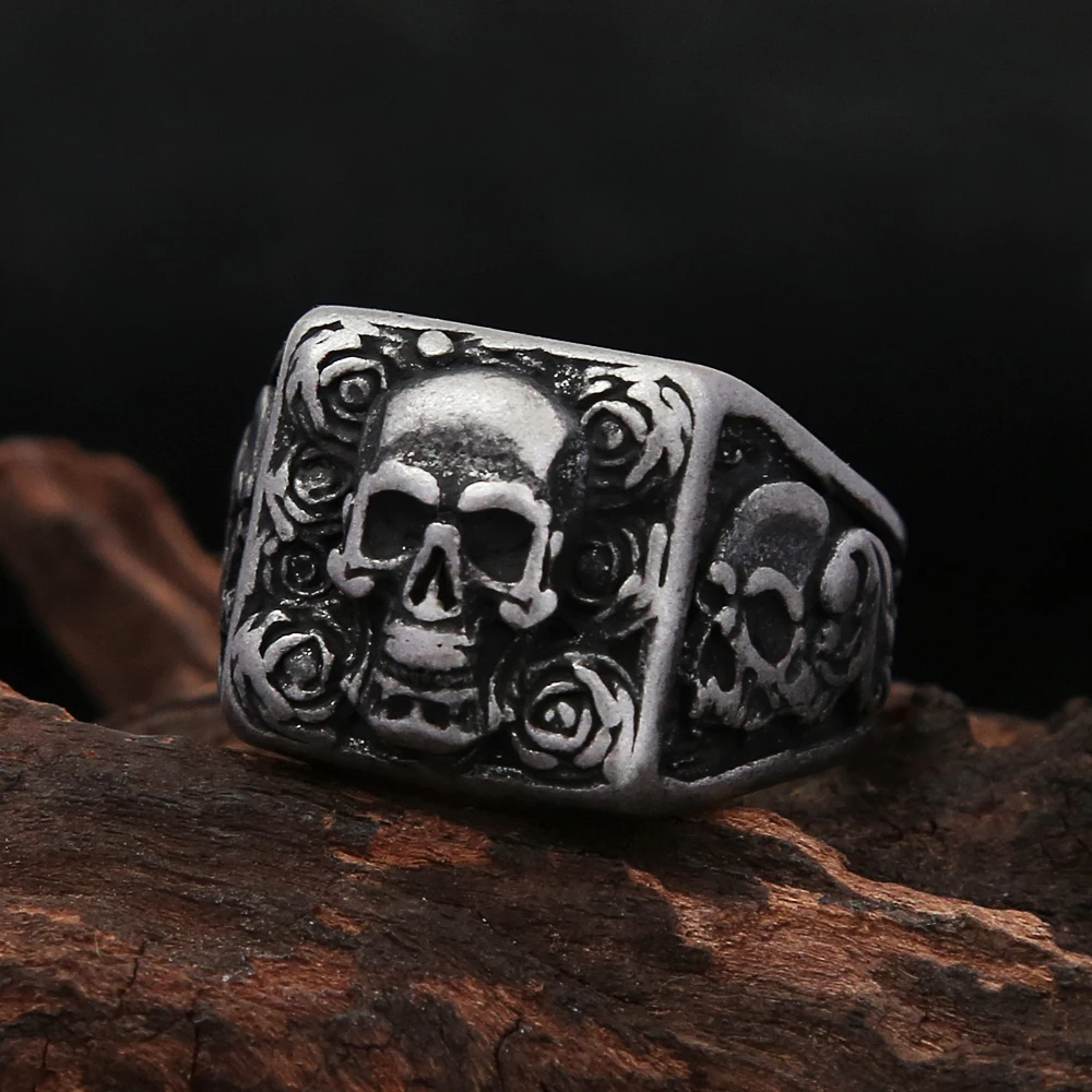 Punk Rock Vintage Skull Men Rings Gothic Biker 316L Stainless Steel Skeleton Ring Hip Hop Cool Motorcycle Jewelry Halloween Gift