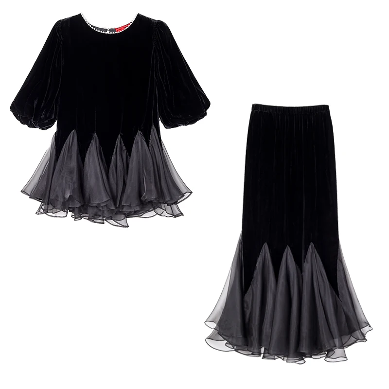 Autumn Black Velvet Long Sleeve Top Coat+Hlaf Length Skirt Two Piece Sets 2024 Female Chic Patchwork Beading Ruffled Dress Suits