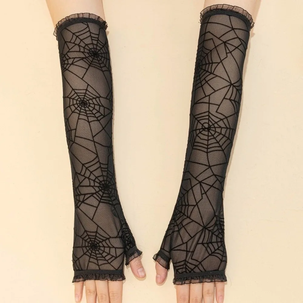 Fancy Thin Halloween Gloves Gothic Lolita Spider Web Gloves Long Hand Cuff Mesh Mitten Driving