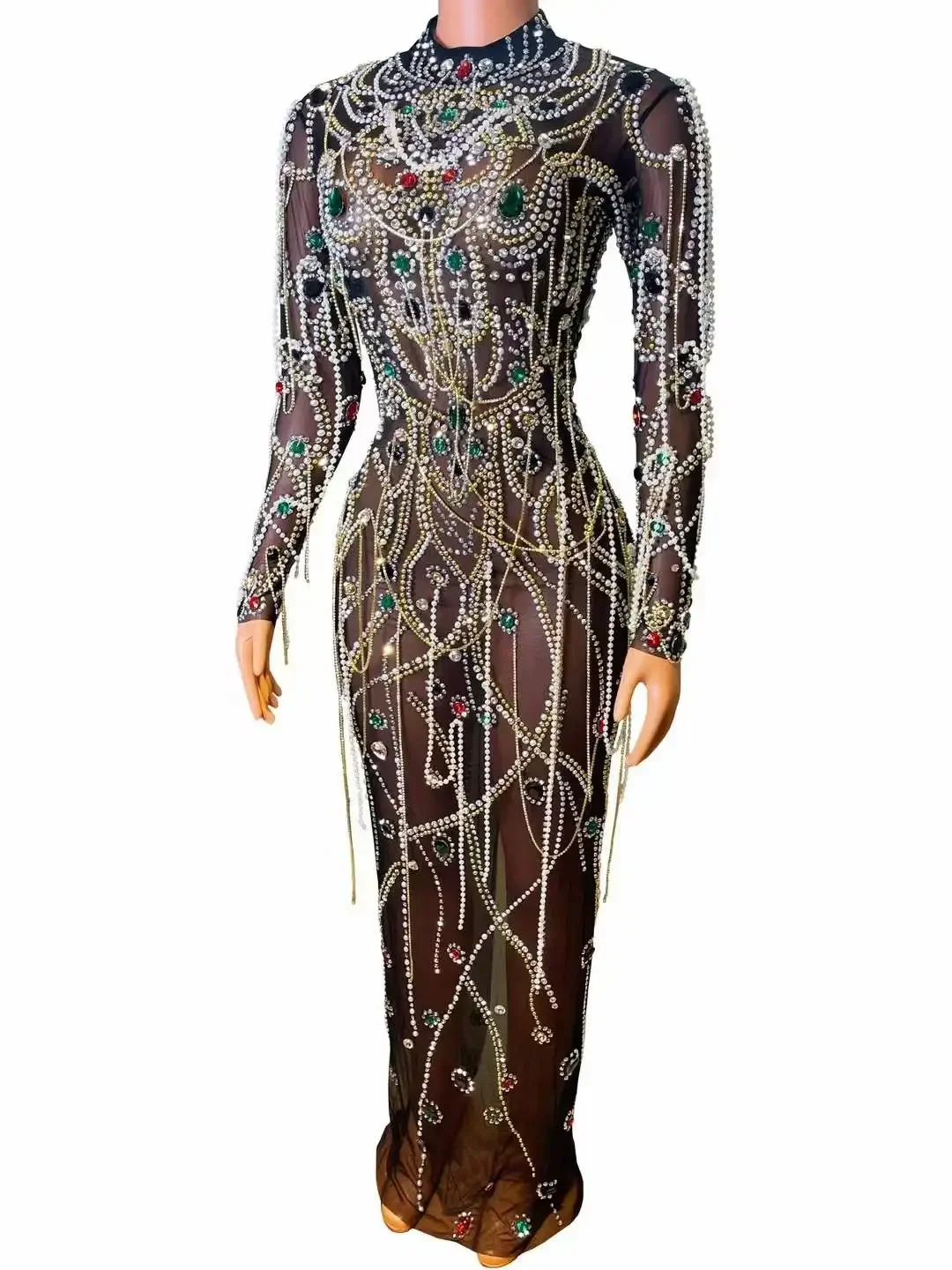 

Luxury Pearl Rhinestone Long Dress Women Birthday Party Drag Queen Costume Stretch Stage Wear