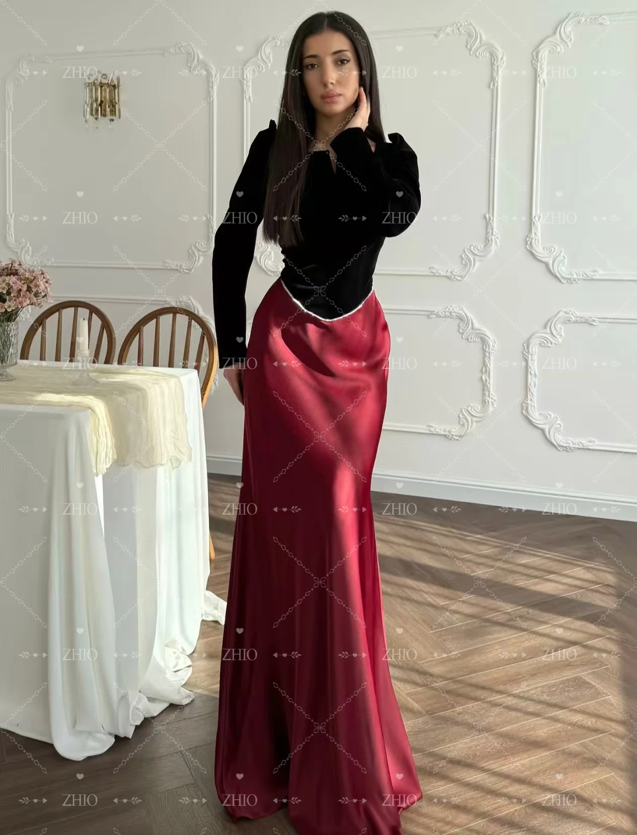 ZHIO vestido de noche de satén rojo oscuro con contraste de terciopelo negro, 2 uds., manga larga, sirena, ocasión Formal, fiesta, graduación, personalizado, elegante