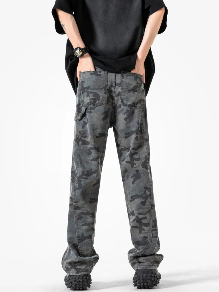 

Casual Camouflage Workwear Jeans Men's Loose Straight Leg Pants Retro American High Street Trousers Flared Legs Spring Autumn