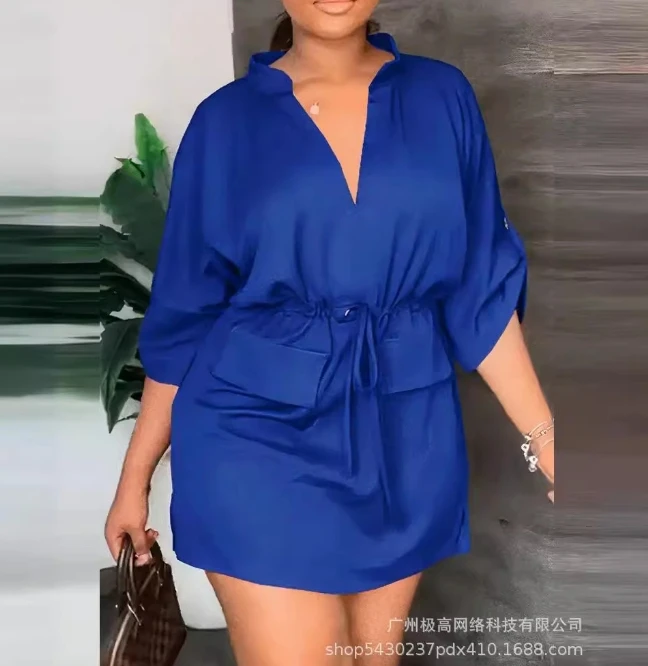 

Women's Elegant Style Dress 2024 Spring Summer Latest Chic V-Neck Waist Strap Solid Color Loose Fitting Mini Dress Short Skirt