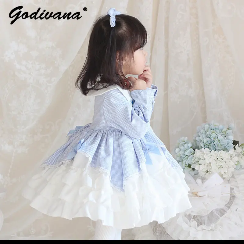 2026 Spring and Autumn New Baby Girls Lolita Princess Tutu Dress Kids Long Sleeve Blue Plaid Bow Ruffle Trim Birthday Party Gown