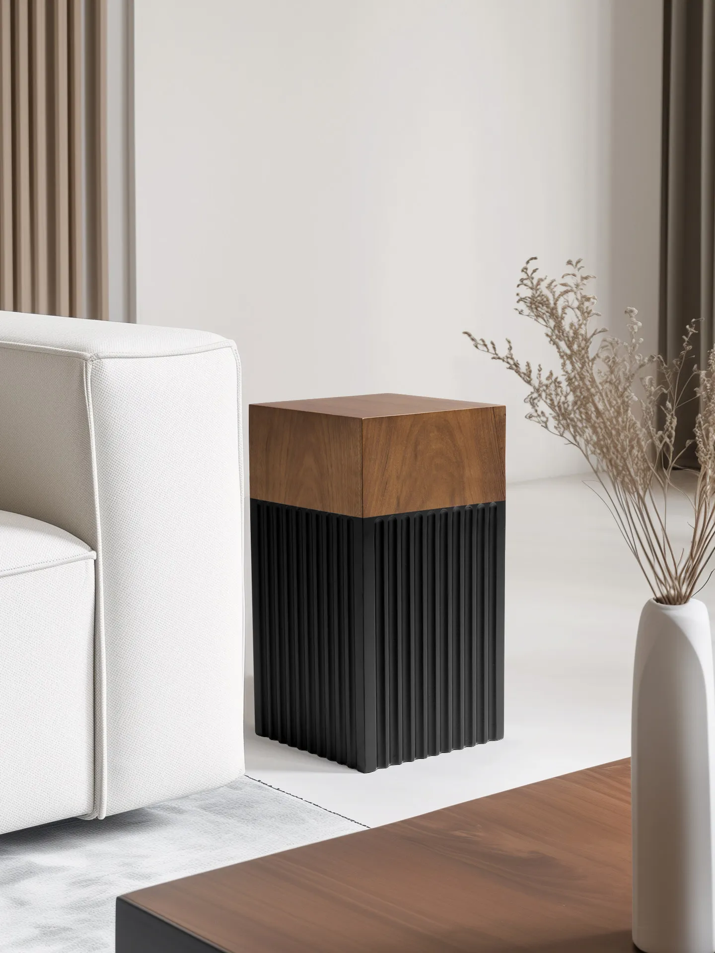 Minimalist living room sofa, square wooden stump side table, high-end solid wood table, artistic creative bedside corner table