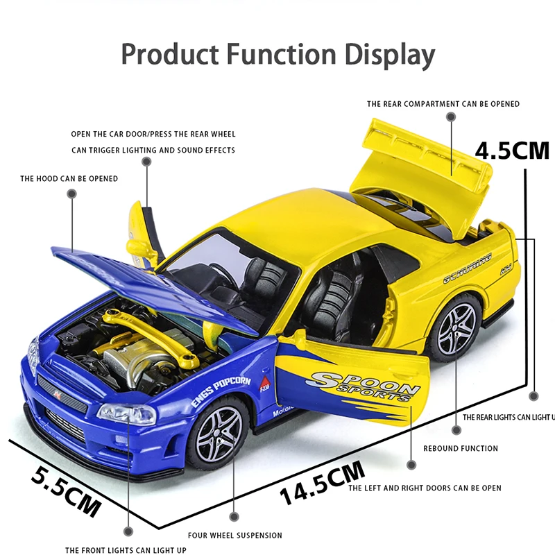 دييكاست 1:32 أفق نيسان GTR34 سبيكة دييكاست الكلاسيكية سباق السيارات نموذج ضوء الصوت التراجع الاطفال هدية ألعاب للأولاد جمع فال