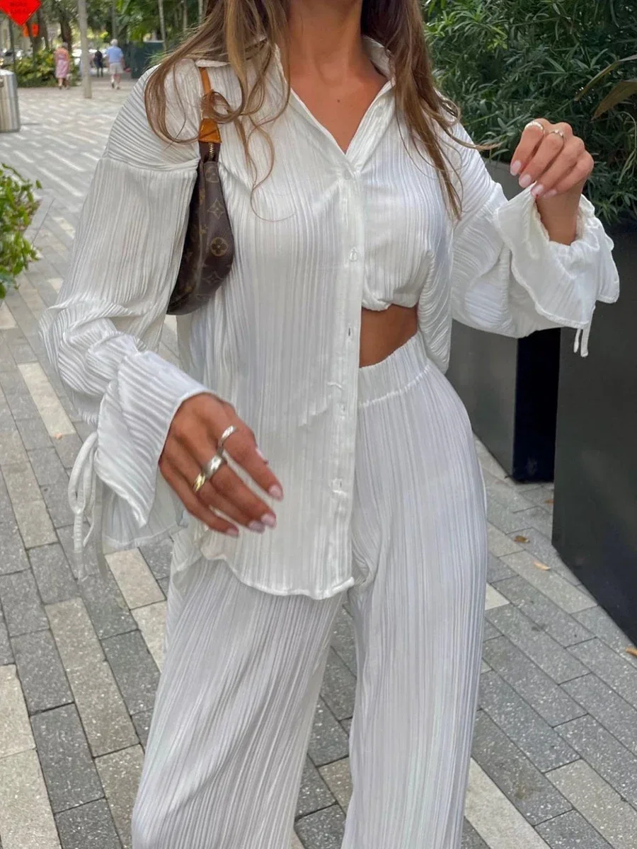 

Women Two-piece Pleated Pants Suits Casual Chic Solid Color Long Sleeve Button Down Shirts and Straight Leg Trousers Set