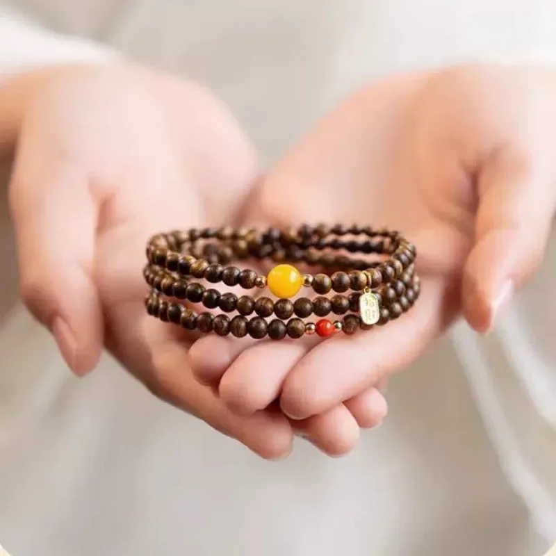 Natural Brunei Agarwood Bracelet Triple Wrap with Beeswax Nanhong Lucky Beads and Sandalwood Gifts
