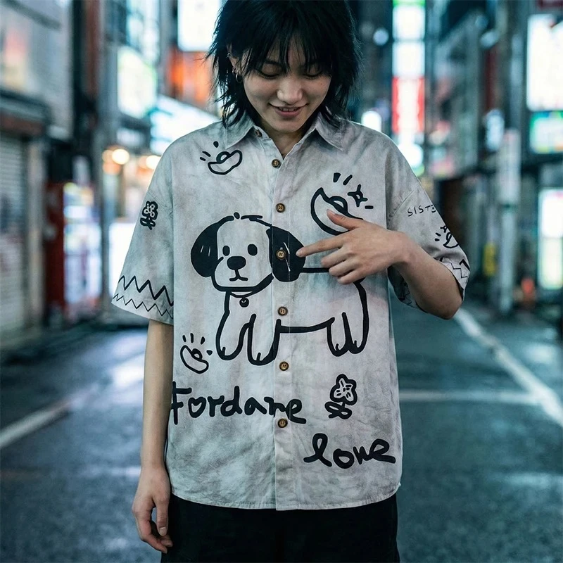 

100% Cotton Streetwear Shirt Graffiti Dog Print Short Sleeve Y2K Vintage Acid Wash Button Down Oversized Unisex Casual Top M-XL
