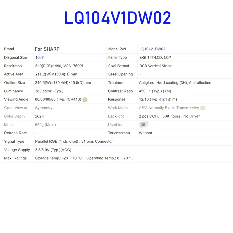 LQ104V1DW02 10.4 Inch LCD Display Screen Panel Original for Sharp Brand New 100% Tested