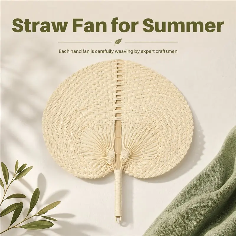 ABKS-Natural Handmade Straw Fan Hand-Woven Palm Leaf Hand Woven Summer Cooling Mosquito Repellent Hand Fans Farmhouse Decor