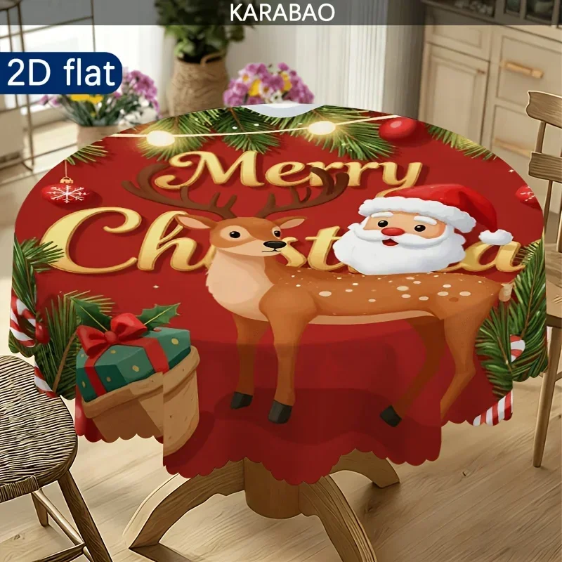 1 round Santa and reindeer-themed tablecloth with pine branches, lights and gifts on a red background for a festive atmosphere