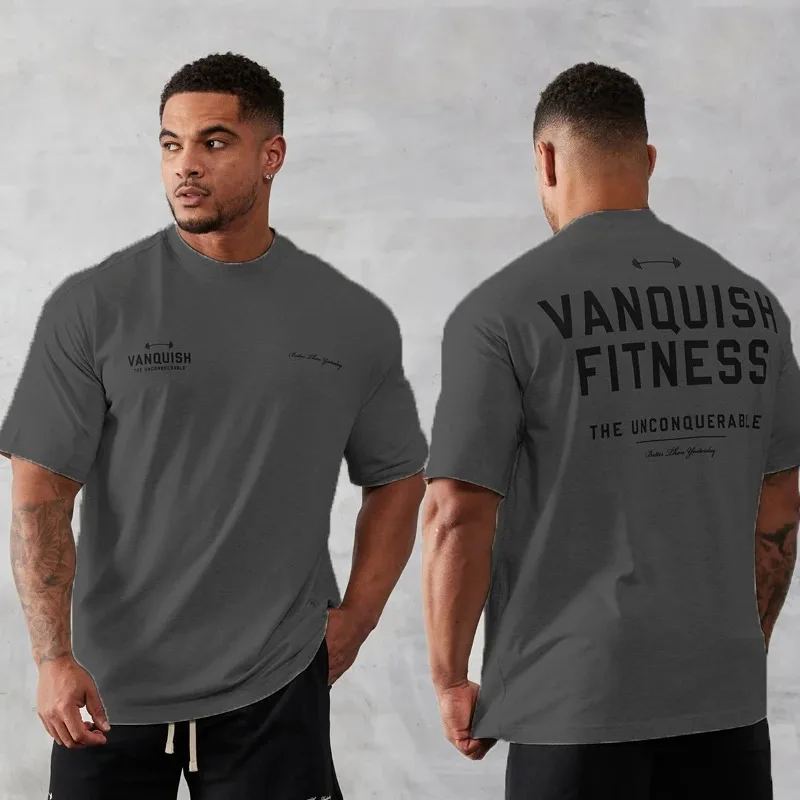 Men\'s Gym T-Shirt Summer 2023 Sports Fitness Cotton Crew Neck Short Sleeve Joggers Running Training T-Shirts Vintage Oversized