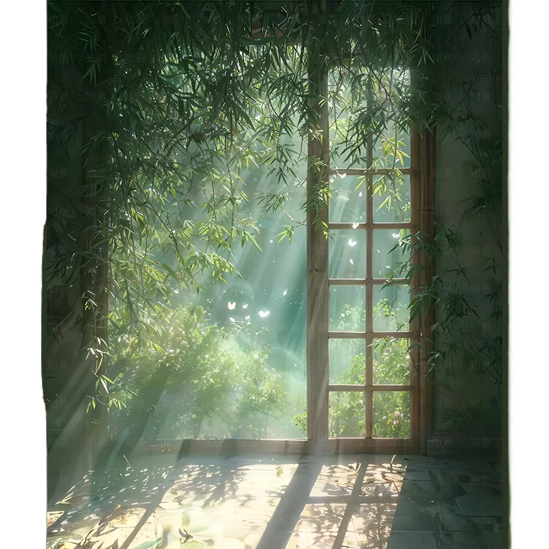

Bamboo transparent floor-to-ceiling windows, real three-dimensional background cloth, wedding dress background paper