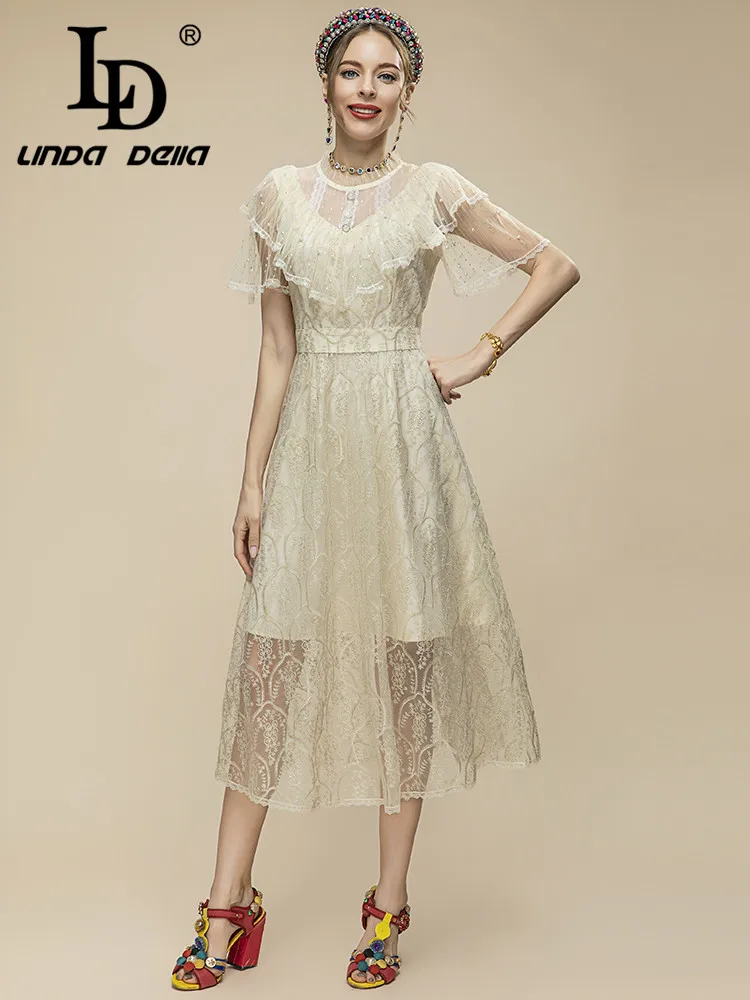 

LD LINDA DELLA 2023 New Fashion Runway Summer Dress Women's Flare Sleeve Ruffles Embroidery Mesh Midi Party Dress