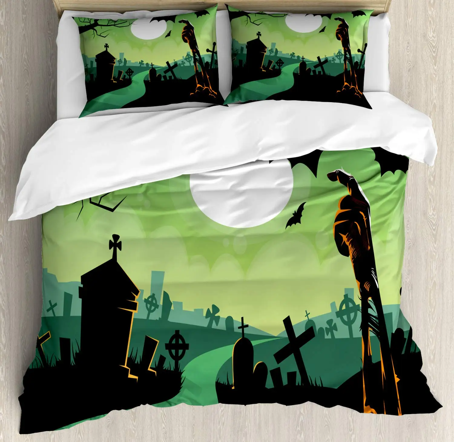 Halloween Duvet Cover Set, Spooky Carved Halloween Pumpkin Lantern Bat Bedding Set Single Twin Full Queen King Comforter Cover