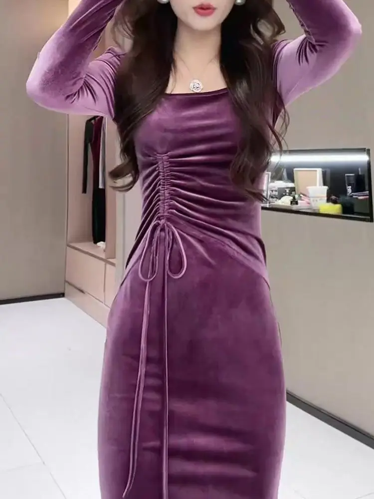 Pure Desire Style Purple Charm Velvet Dress for Women\'s Autumn New Style Drawstring Waist Slimming and Slim Long Skirt Trendy