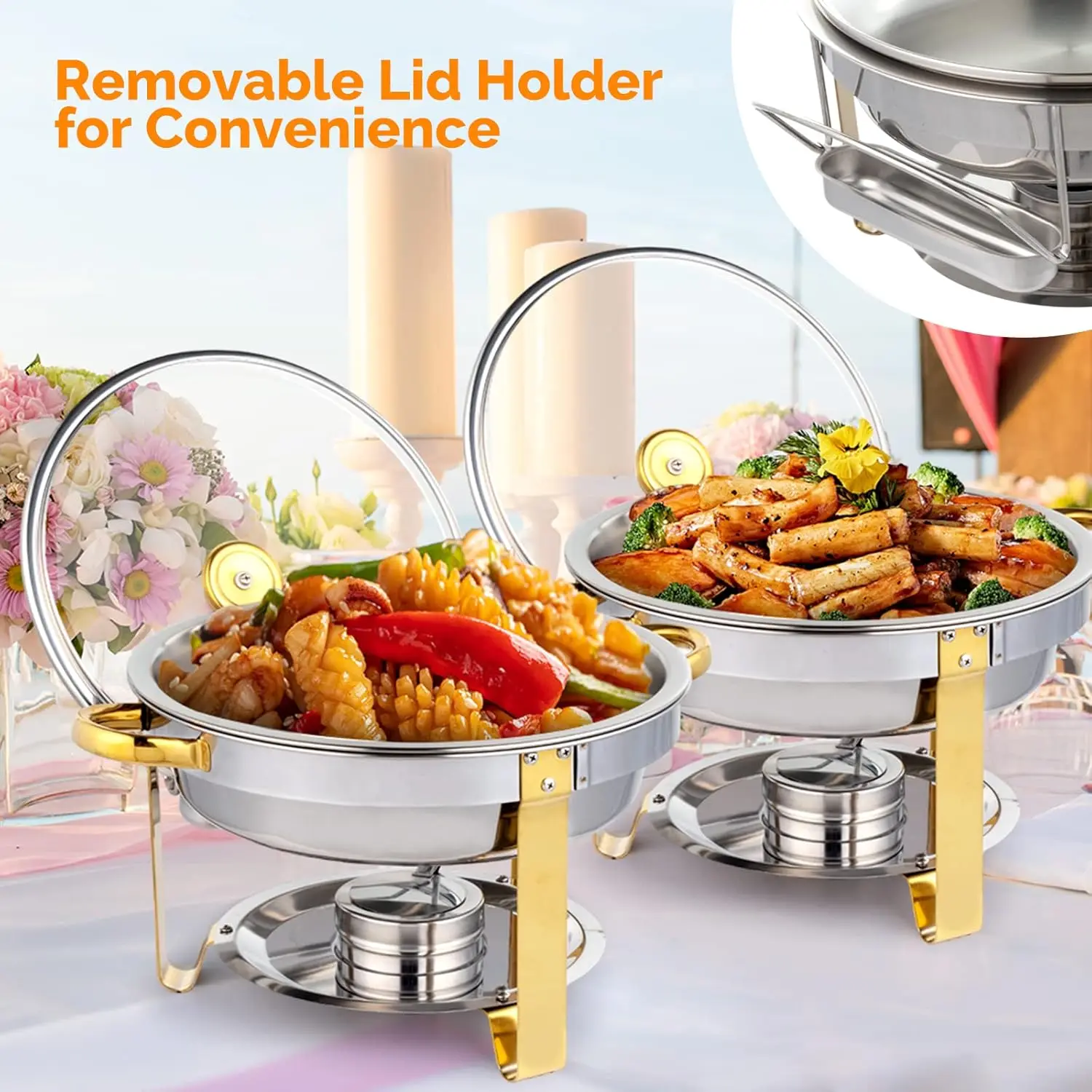 5QT 2/4/68 Packs Chafing Dish Buffet Set Gold Accent, Round NSF Stainless Steel Buffet Warmer Chafers and Buffet Warmers Sets