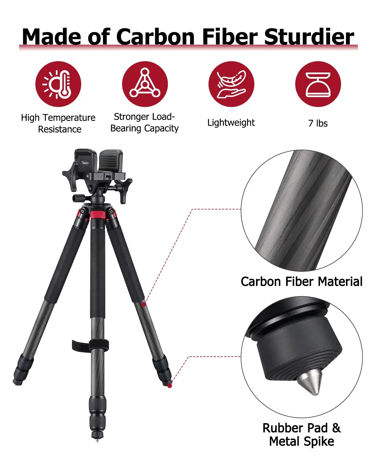 مسند ثلاثي القوائم من ألياف الكربون خفيف الوزن وأرجل قابلة للتعديل مع 360 درجة ° حامل رأس بمشبك قابل للتعديل للصيد في الهواء الطلق #1