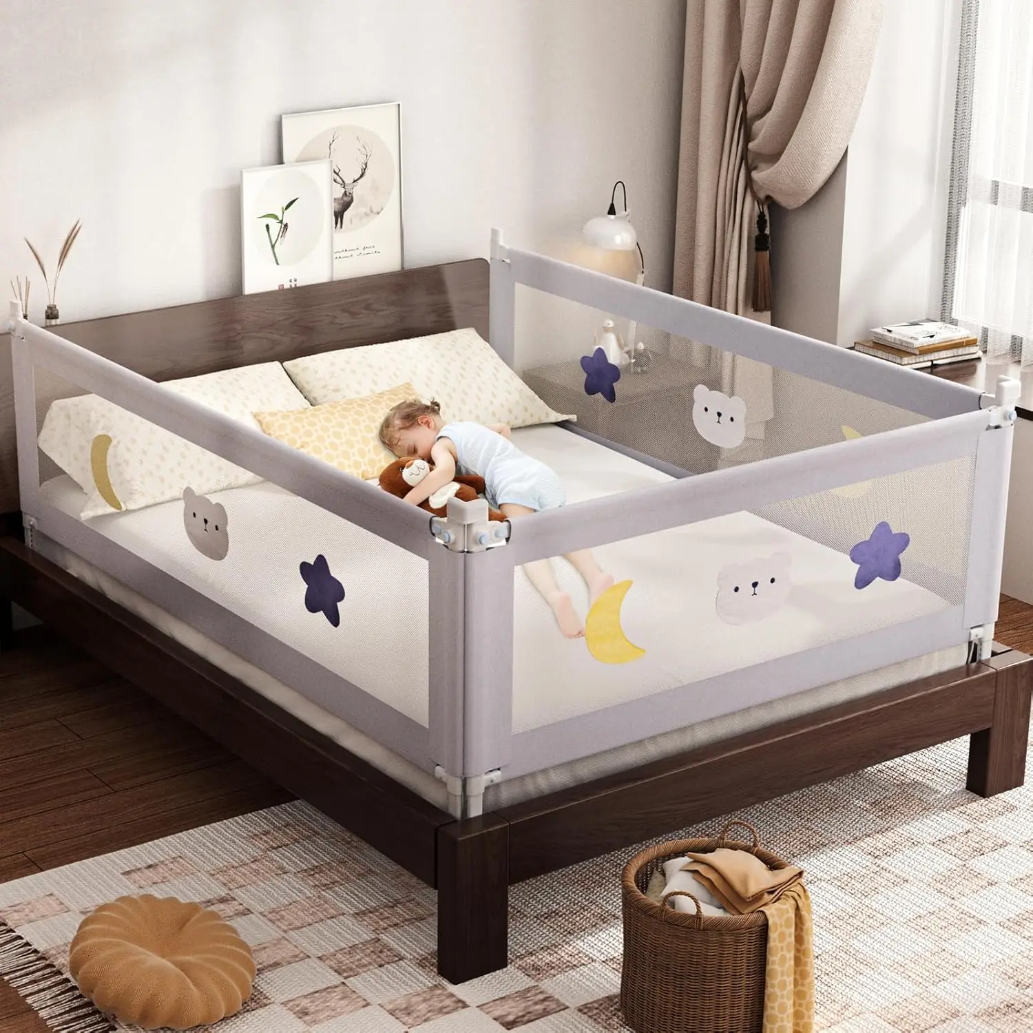 Riel de cama para niños pequeños, rieles de cama para niños pequeños con cerradura doble, Riel de cama para bebés con patrón, paquete de 3