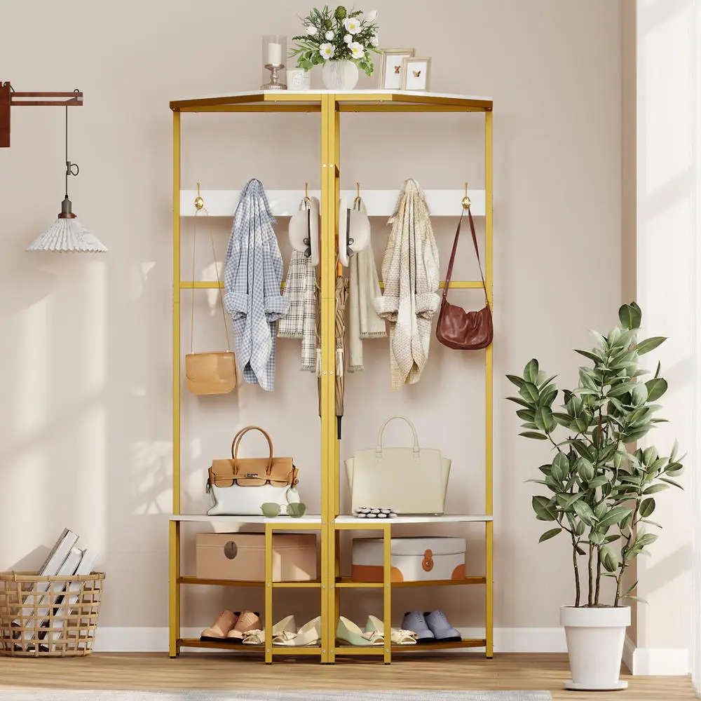 Corner Hall Tree Freestanding Coat Rack With Storage Shelves Removable HooksWhite view 5