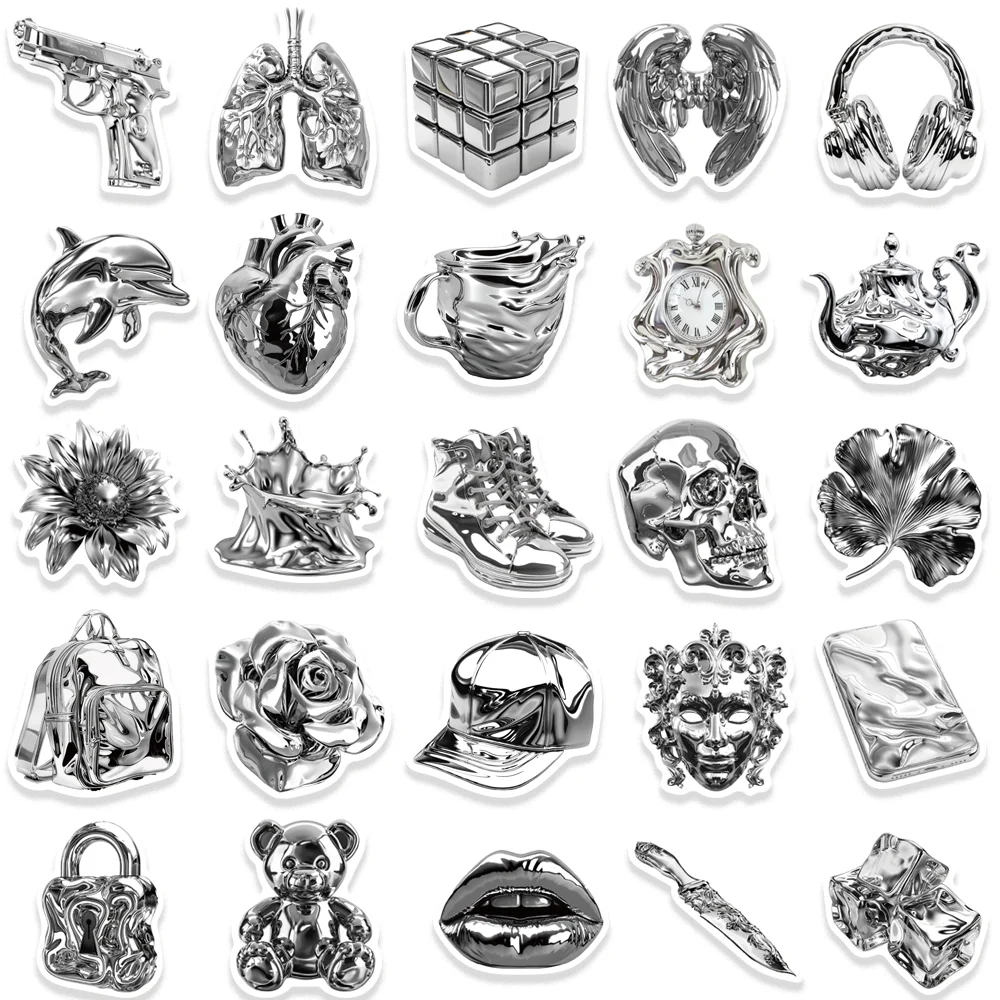 50 Stuks Cool Zilver Kleine Dingen Sticker Decoratie Skateboard Telefoon Laptop Plakboek Motorfiets Helm Esthetische Waterdichte Sticker