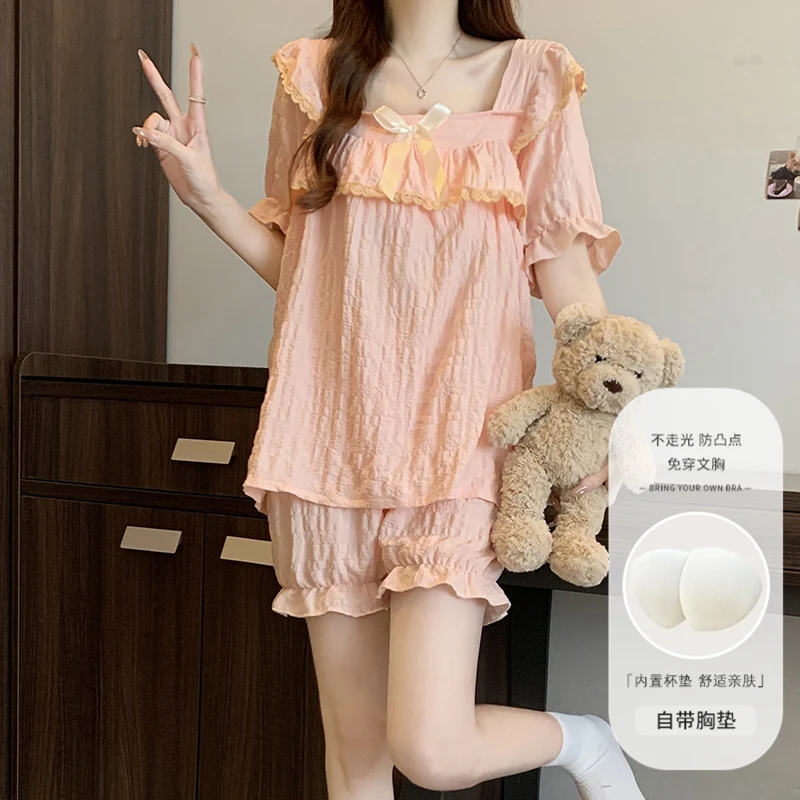 

Женская летняя пижама с подкладкой на груди, комплект из двух предметов: шорты и топ с коротким рукавом, квадратный вырез, бантик, новинка 2026 года, домашняя одежда