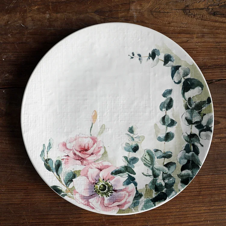 Plato plano de la serie de flores Underglaze, diseño Italiano Americano, plato para dumplings y ensaladas