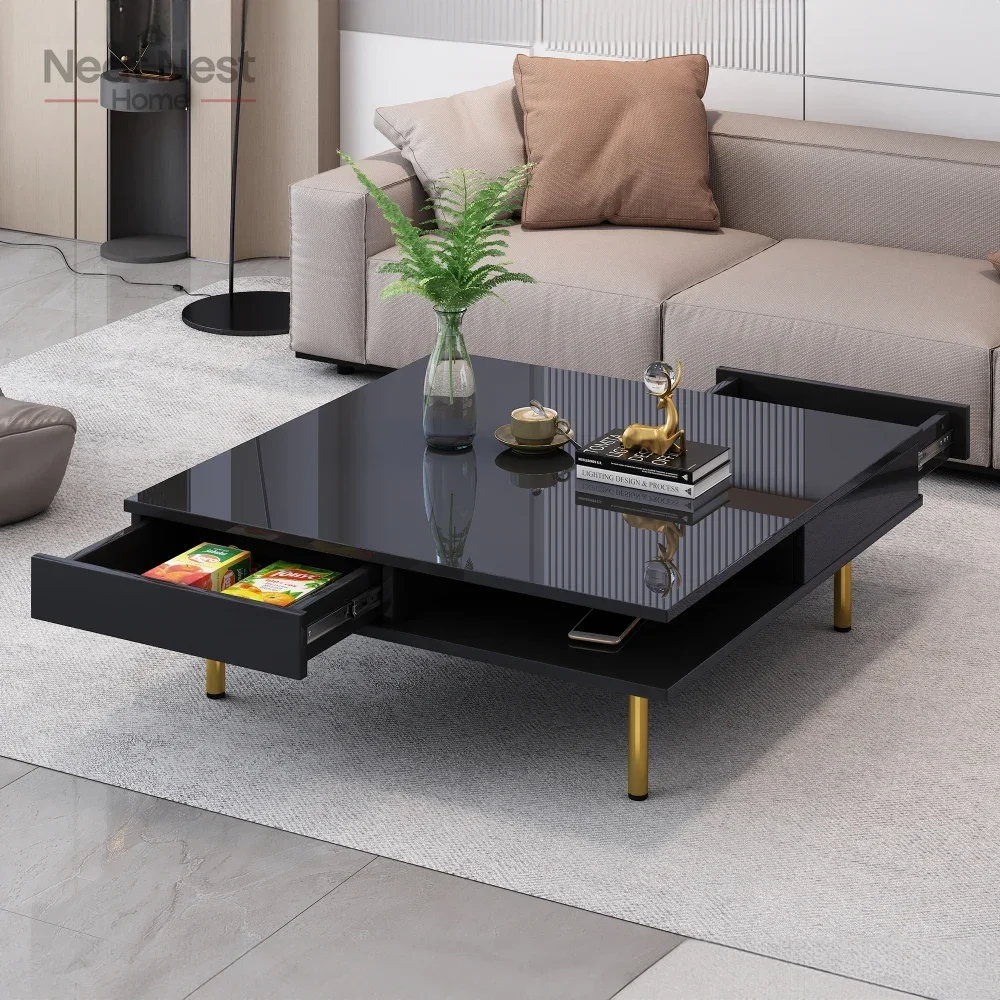 

Coffee Table Exquisite High Gloss with 4 Golden Legs and 2 Small Drawers, 2-Tier Square Center Table for Living Room Side Table