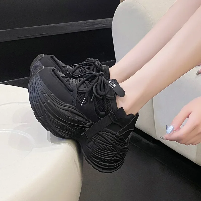 2022 Spring Bright Black Color Chunky Shoes Women\'s Vulcanized Sneakers Platform Shoes New Girls Light Weight Leather Sneakers