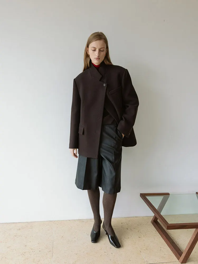 Nok Xiaola العلامة التجارية الأصلية PU orts فضفاض الملمس عارضة السراويل لون نقي l الخصر سستة إغلاق واسعة الساق #2