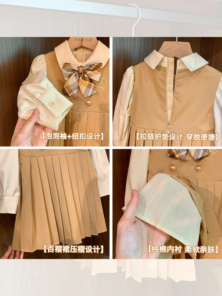 Fashion Autumn Baby Girls School Wears Brown Beige Patchwork Puff Sleeves Dresses Bowknot Decorated Zipper Pleated Skirts