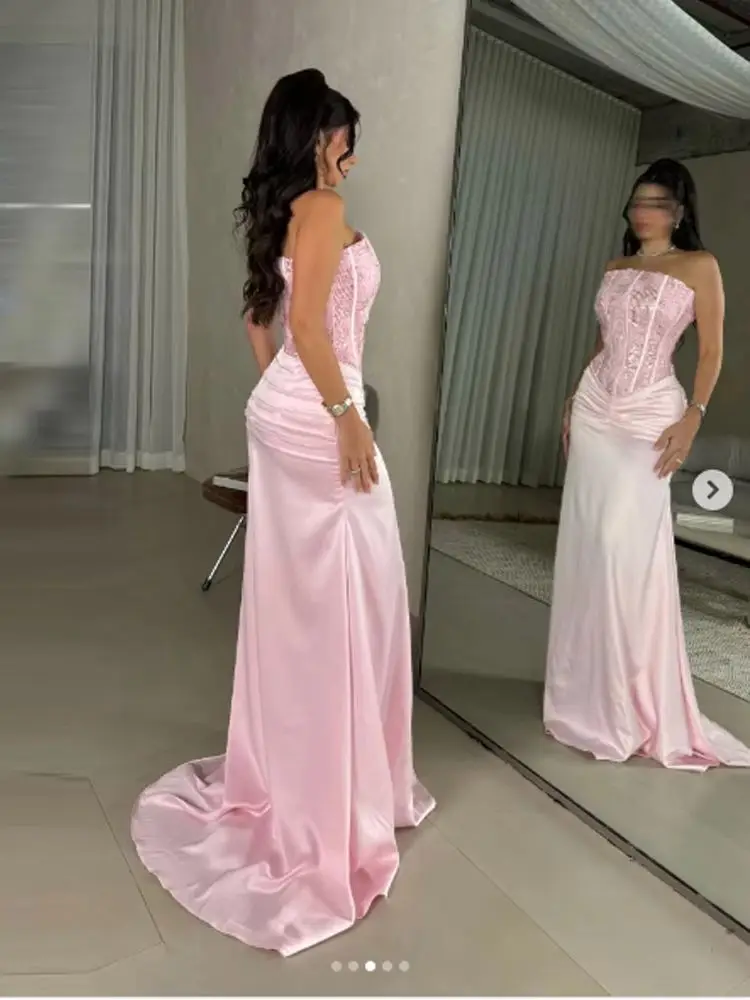 

Customized Charmeuse Sequined Applique Prom Dress Strapless Floor-length Bespoke Occasion Elegant Women's Evening Dress