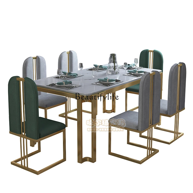 *Italian marble dining table and chair combination rectangular modern high-end home rock slab table