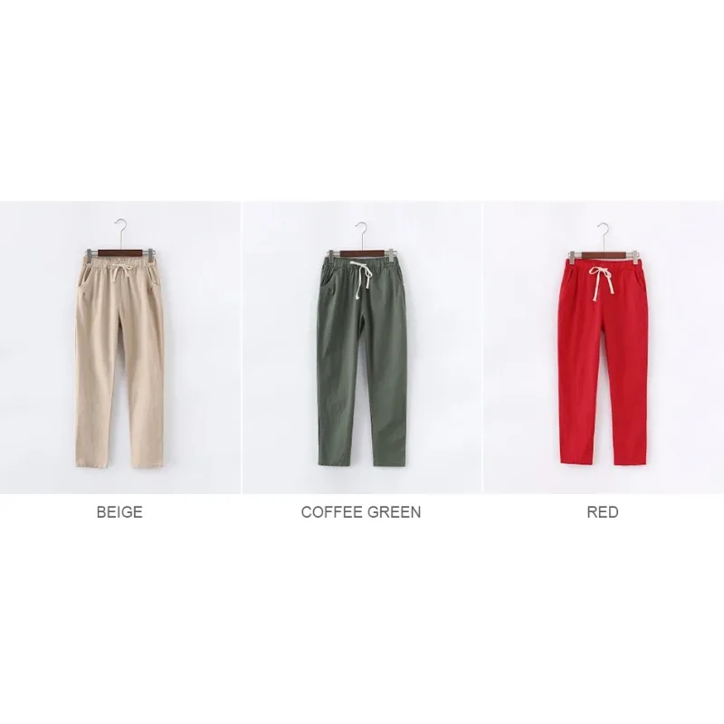 Calças de linho de algodão para mulheres calças soltas casuais cor sólida calças harém capri verão feminino